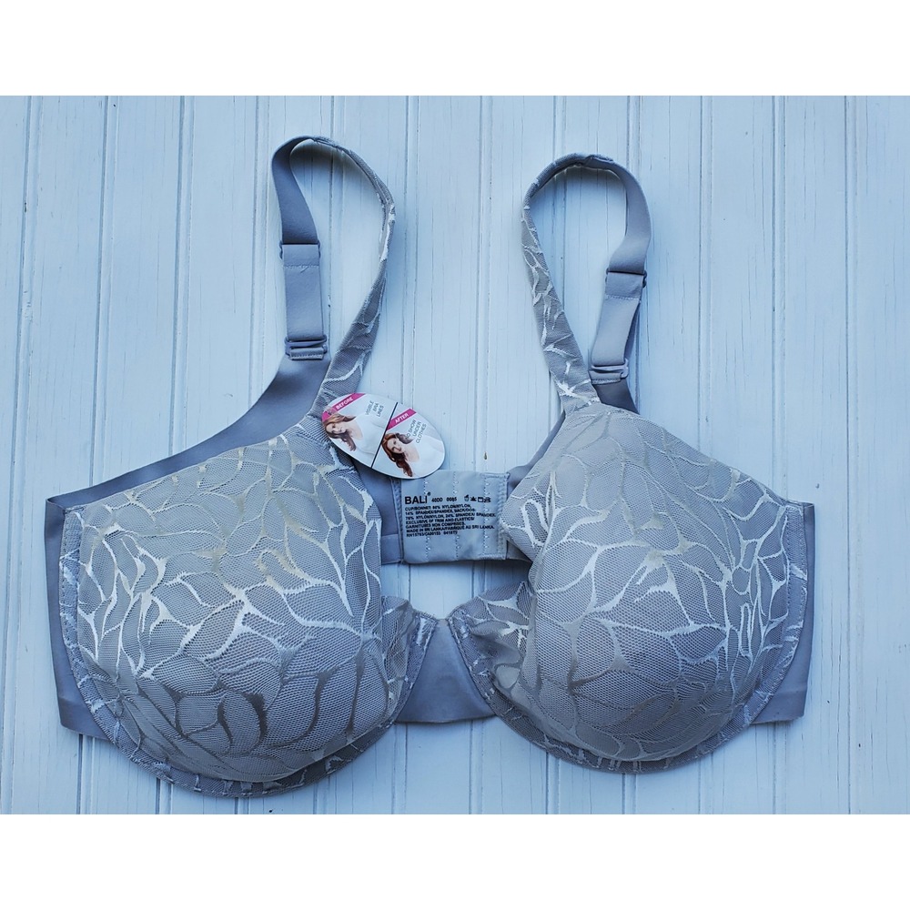 Bali One Smooth‎ U Ultra Light Underwire Bra 40DD Gray 0085 Leaf Lace Overlay
